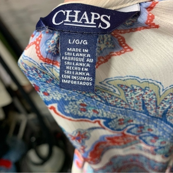 Chaps Boho White Blue Floral Tunic Blouse Flowy Round Neck Balloon Sleeves Sz L - Picture 8 of 11